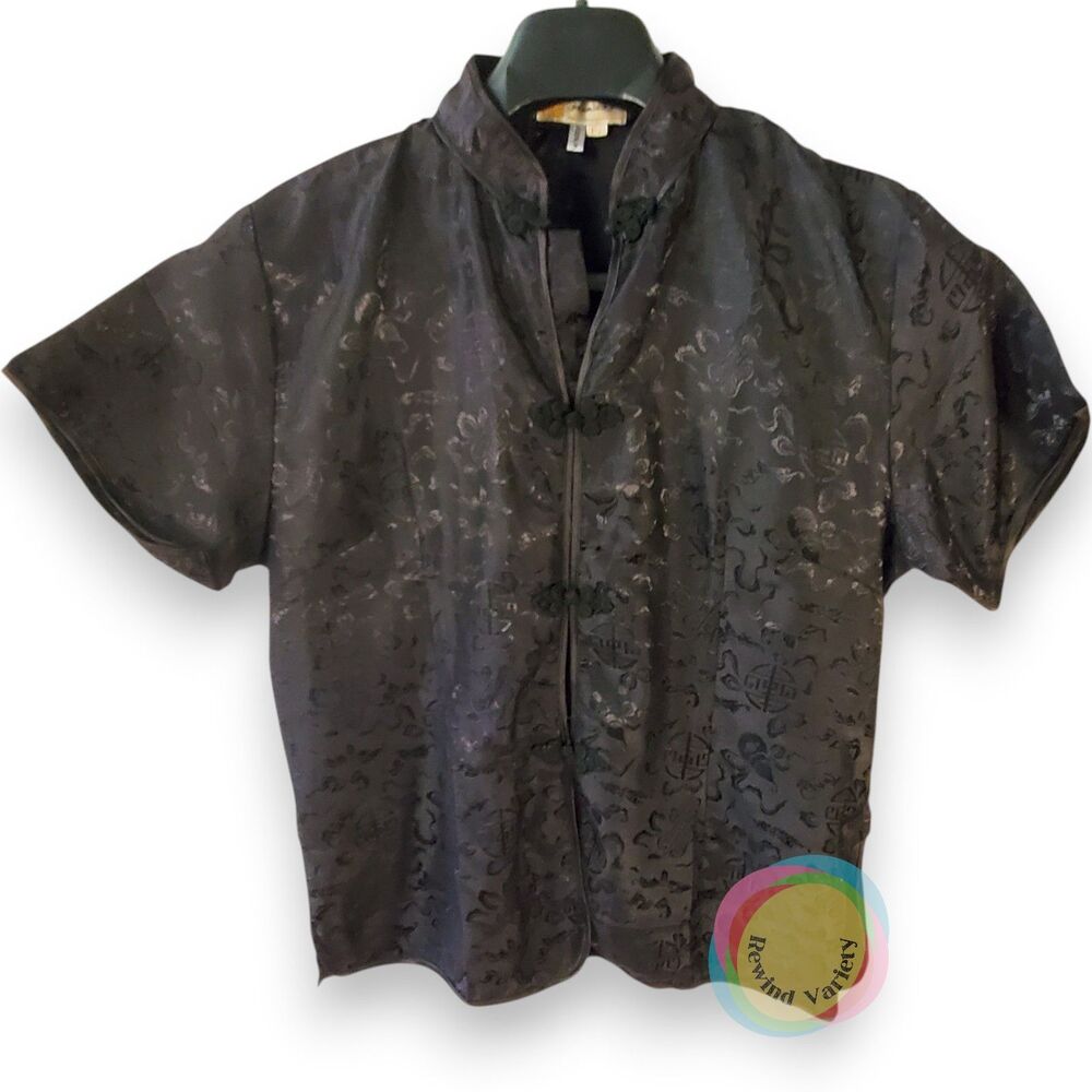 Vtg Golden Dragon 100% Silk Damask Blouse - Black S/M